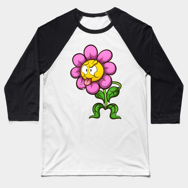 Cartoon Flower Sticking It’s Tongue Out Baseball T-Shirt by TheMaskedTooner